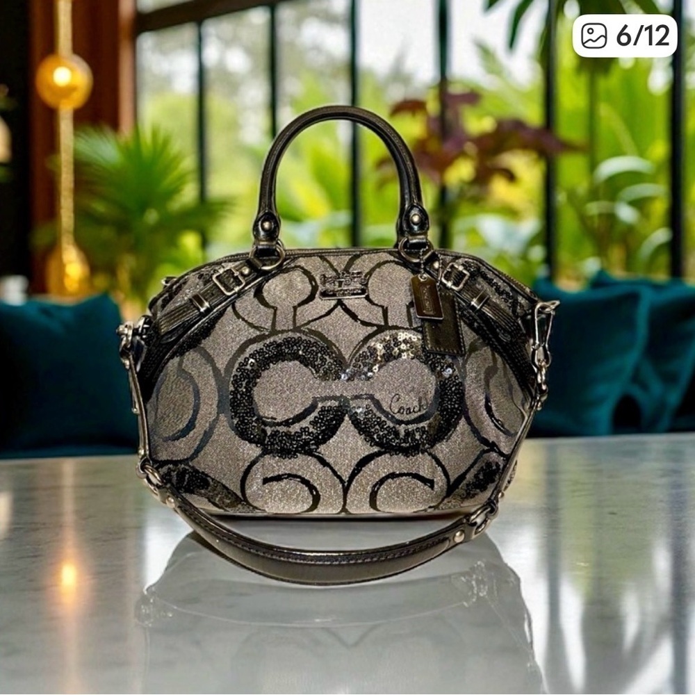 2010 Coach Madison Sophia Sequin Op Art Satchel – Black/Gunmetal EUC - Picture 3 of 12